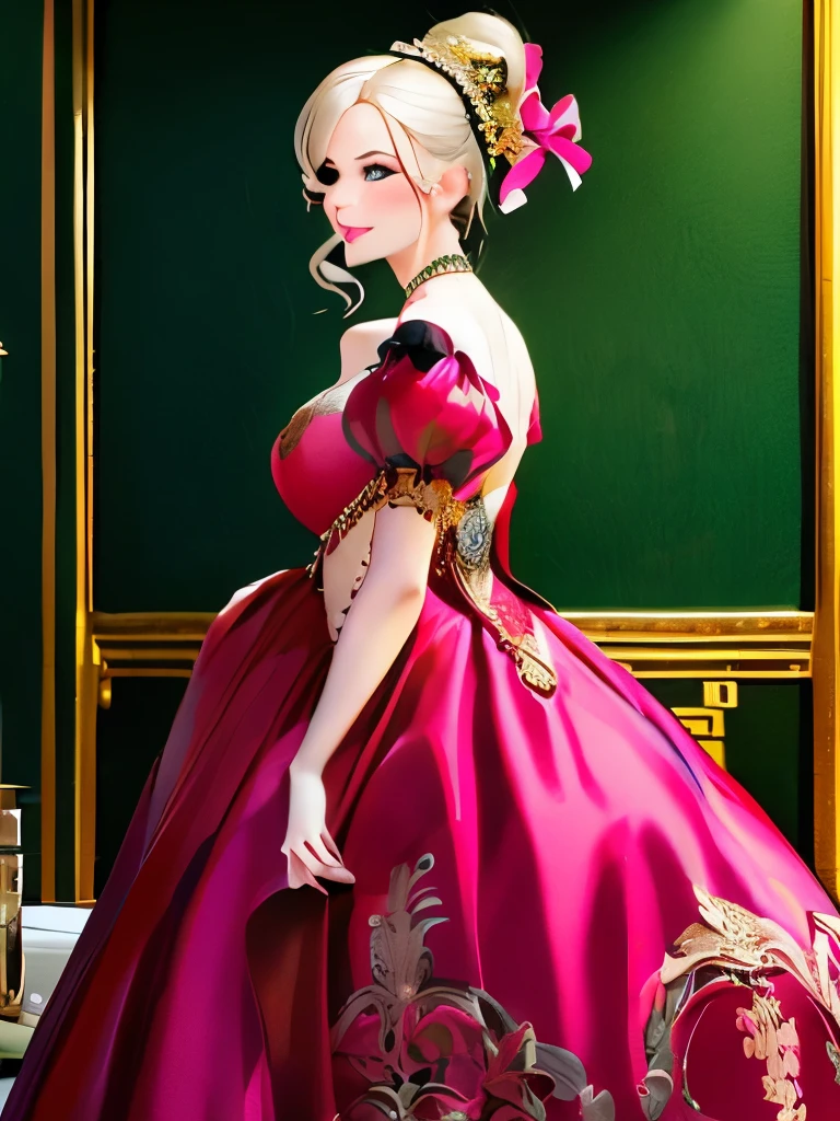  a lady in a dress with a pink ribbon, rococo queen, dress in the style of rococo, rococo dress, marie antoinette, rococo fashion, ornate gown, dressed in ornate, in a fancy elaborate dress, baroque dress, ornately dressed, full dress, historical baroque dress, rococo baroque, artdoll