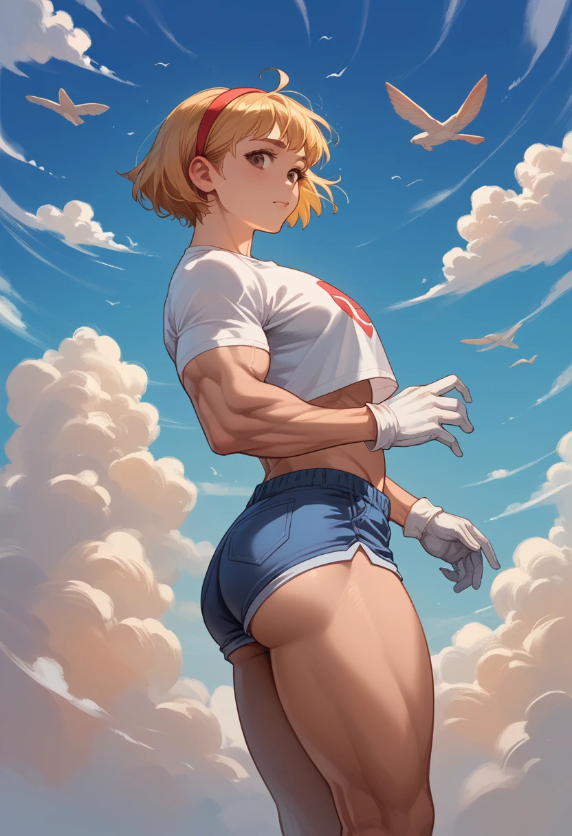 Superboy ,1 chico, Short blonde hair, hair band,White cropped top , shorts,  White gloves , big penis, big buttocks,   floating in the clouds , muscular, large pectorals ,  Half t-shirt showing the lower half of his pectorals,  big penis, dynamic, sexy, guarrilla,  anatomically correct , DETAILED