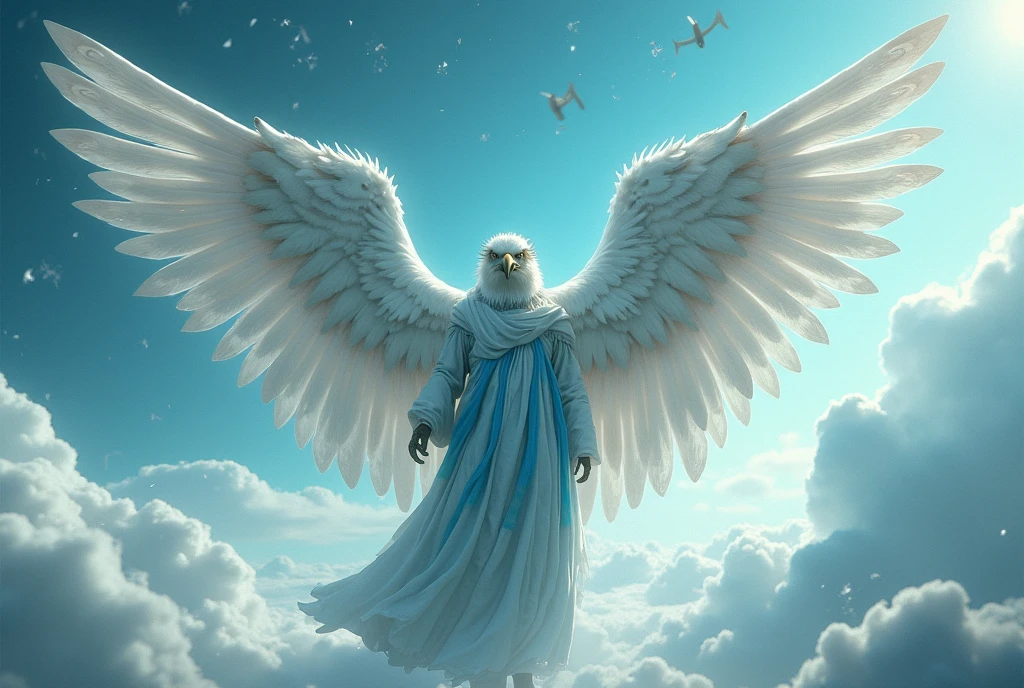 Archangel Seraphim 12 huge wings, many eyes are open on the feathers, the archangel has three heads - an eagle, a lion, and a bull, dressed in a white and blue toga, against the background of a beautiful white city of the future and space,  fantasy style, hyperdetail, professional art, fantasy style like Magali Villeneuve, high detail, hyperdetail, 4k, realistic style, aqua coloring style fantasy style, 4k, painterly style, hyperdetailed, photo lab, hdr, intricate, elegant, highly detailed, sharp focus, ((((cinematic look)))), calming tones, crazy details, intricate details, hyperdetailed, low contrast, soft cinematic light, dull colors, exposure blending, hdr, faded, DIGITAL ART, style Magali Villeneuve, super detail, professional art, highly detailed fantasy, very bright colors, LOTS OF BLUE SHADES, VIBRANT COLOR