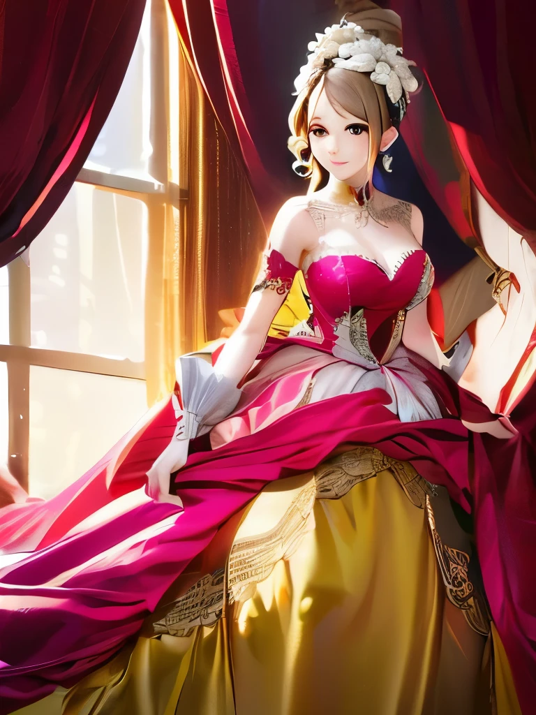  a lady in a dress with a pink ribbon, rococo queen, dress in the style of rococo, rococo dress, marie antoinette, rococo fashion, ornate gown, dressed in ornate, in a fancy elaborate dress, baroque dress, ornately dressed, full dress, historical baroque dress, rococo baroque, artdoll