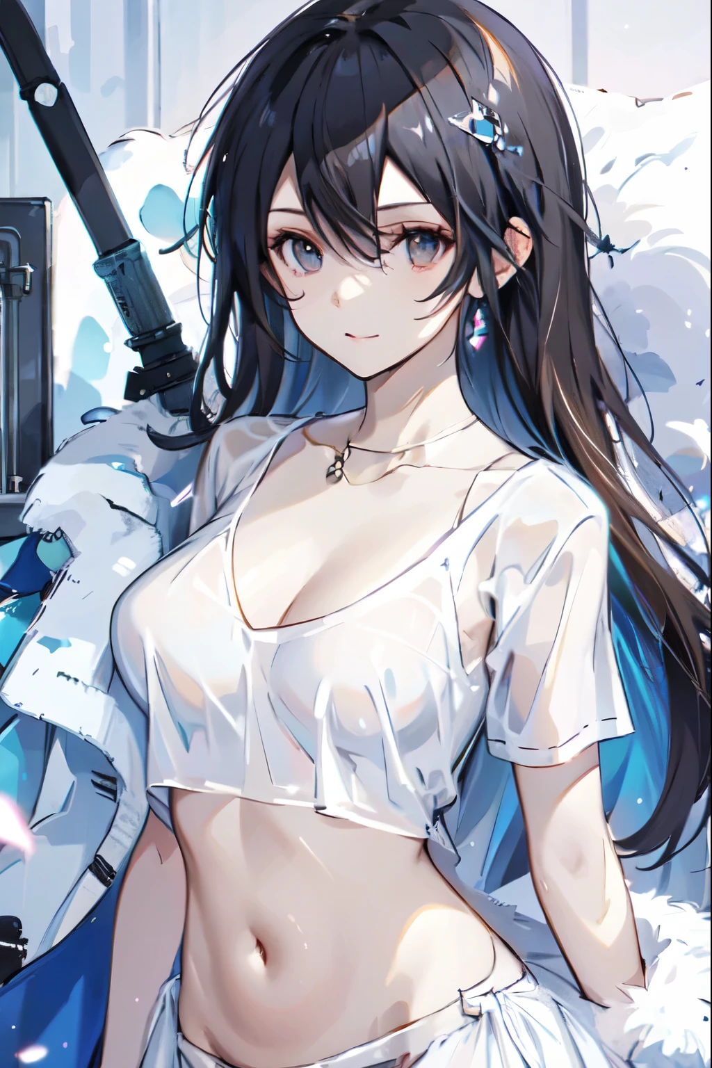  best quality,  High Res,slim、 Brown Eyes 、High target、 dark hair、(Long hair:1.3), Straight Hair 、7 Life Size 、Navel exposed、 White Short Sleeve Tee
Ong hair，Female Kirito ，Big breasts(d), Chest, 