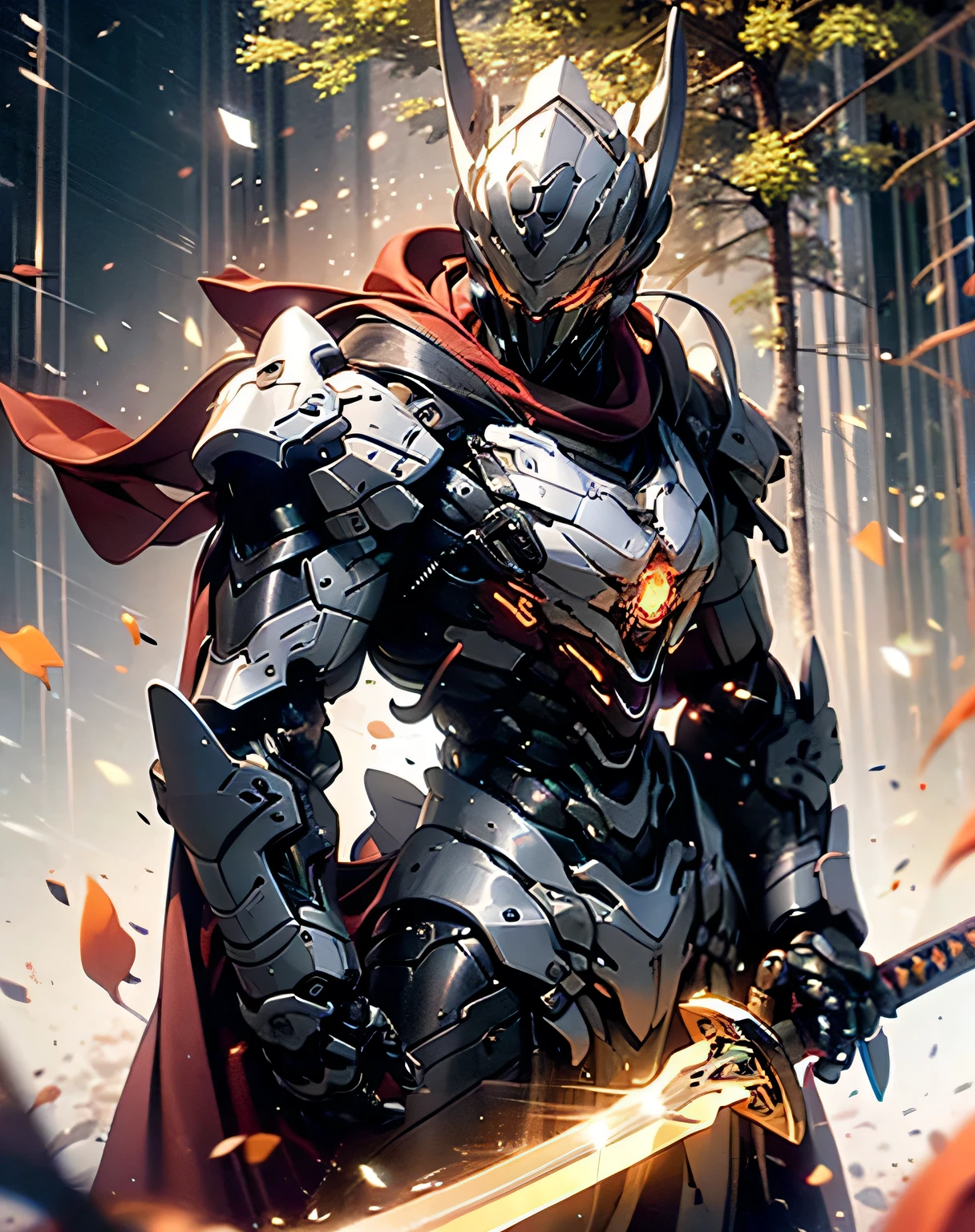 A man wearing shining black exo armor is acting violently in the woods, rendered in Unreal Engine 5 , Black Octane Rendering, Super detailed with octane rendering , rendered with 8K Unreal Engine , rendered with Unreal Engine 6 , Streamlined red armor , high detail iconic characters , 8k octane rendering photorealistic , Unreal Engine 5 rendering , rendered with Unreal Engine 5 , Doing dynamic movements using the whole body , Alone, Wearing a red cape fluttering in the wind , Manipulating a sword with telekinesis, Towering Tree 々, (black chest, black shoulder, black arm, black leg)