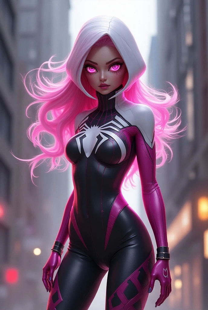 (ultra realistic,32k,RAW photo:1.1),(high detailed skin:1.1), 8k uhd, dslr, high quality, film grain, (makeup, mascara:1.1), lips,(thick\lips\),
(shiny glossy translucent clothing:1.1), 1girl,pink hair, long hair,(aqua eyes:0.9), <lora:black Spider Man costume_20231118023759:0.5>black Spider Man costume, gloves, <lora:add_detail:0.77>, huge breast, (upper body:1.2),
Leaning forward, hands on the ground,
(busty:1.1) , (chubby:0.1),(glowwave:1.2), <lora:LowRA:0.4>, dark theme blank background