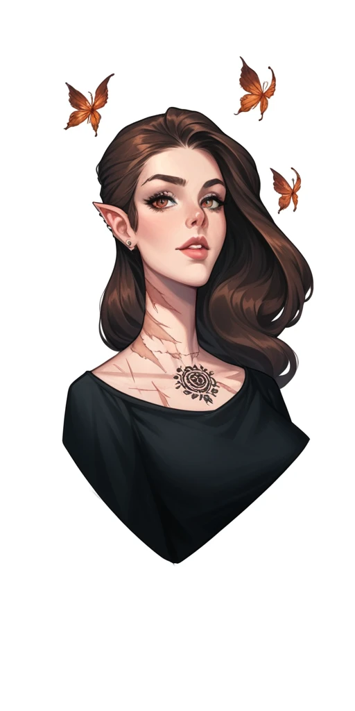 1girl, RPG character, l0g0, neck tattoo:1.5, sexy, simple background, A highly detailed, best quality, RPG style, conceptual art, character sheet, gorgeous girl, she elf, Black medieval tunic, black leggings, brown hair, pale fair skin, brown eyes, paper roll, parchment, color grid, scars, piercings, lean and tall, score_9, score_8_up, score_7_up