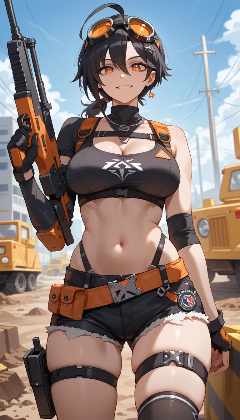 ultra-detailed, 1girl, grace, Zenless Zone Zero, (best quality), ((masterpiece)), (highres), 16K, orange eyes, perfect face, short hair, black hair, low ponytail, ahoge, goggles on head, wearing black crop top, wearing bootyshorts, black thighhighs, thigh straps, knee pads, holster, asymmetrical gloves, belt, busty body, large breasts and a beautiful ass, showcasing cleavage, legs, hips, holding weapon, holding assault rifle, looking at viewer, smile, detailed whole body, thigh details, construction site background, 