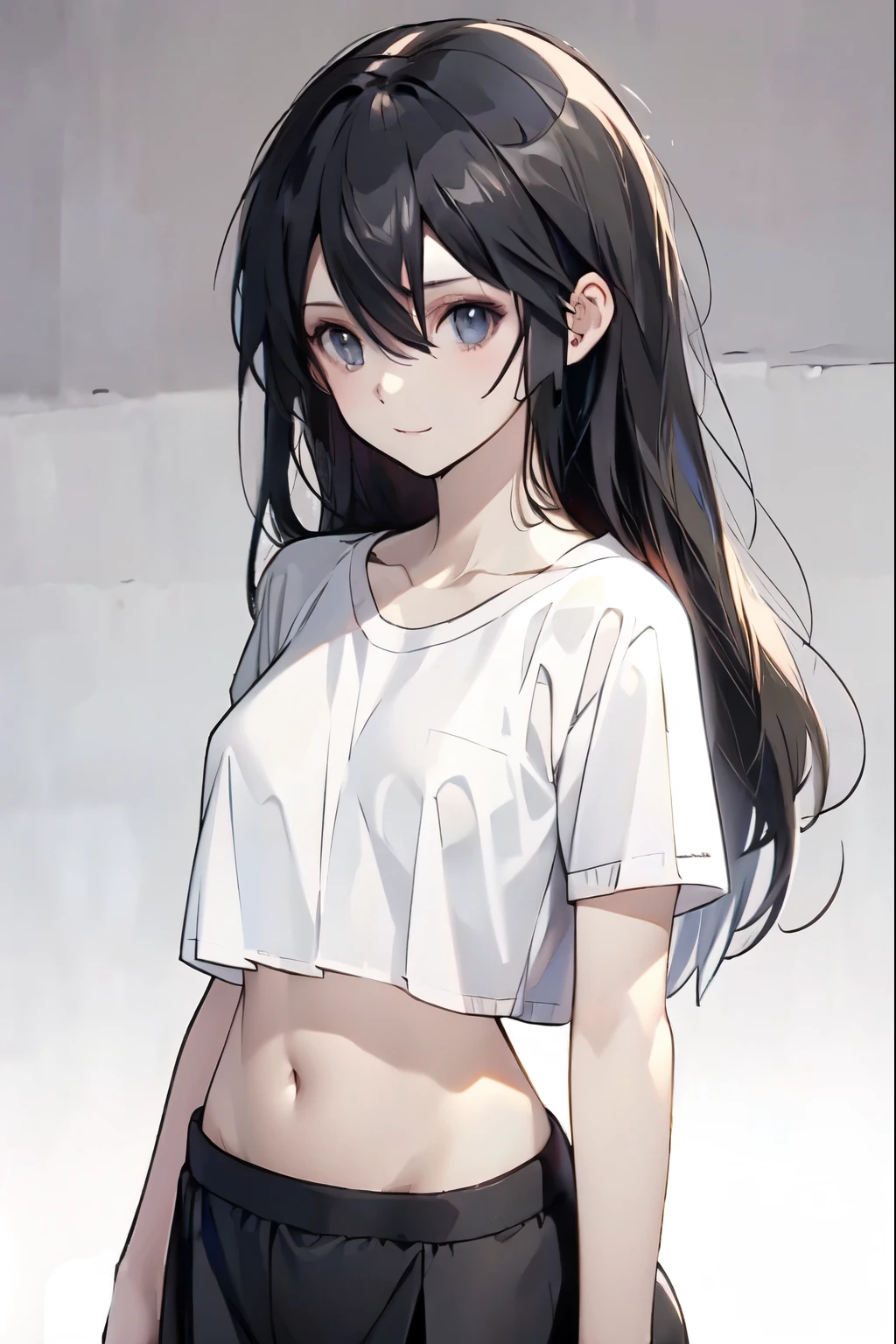  best quality,  High Res,slim、 Brown Eyes 、High target、 dark hair、(Long hair:1.3), Straight Hair 、7 Life Size 、Navel exposed、 White Short Sleeve Tee
Ong hair，Female Kirito ，Big breasts(d), Chest, 