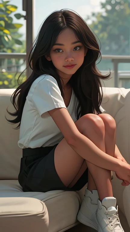 on the brown leather sofa, (sitting: 1.1), (SFW: 1.2), beautiful girl with indigenous Brazilian features, tanned skin, long black hair with fringes, triangular face, (wearing short black cotton skirt, green silk blouse with straps thin), white sports sneakers, very detailed, 20 years old, seductive smile, high resolution, masterpiece, best quality, intricate details, highly detailed, sharp focus, detailed skin, realistic skin texture, texture, detailed eyes, professional, 4k, shot on Canon, 85mm, shallow depth of field, color of vision kodak, perfect fit body, extremely detailed, photo_\(ultra\), photorealistic, realistic, post-processing, maximum detail, roughness, real life, ultra realistic, photorealism, photography, 8k uhd, photography,