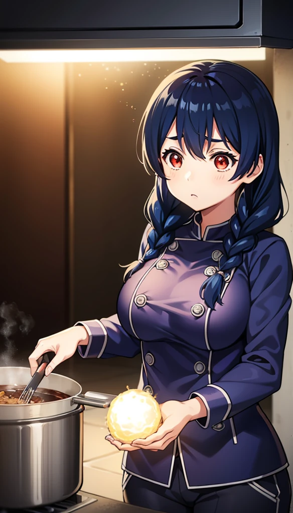 score_9, score_8_up, score_7_up, score_6_up, score_5_up, score_4_up, break source_anime,megumitadokoro , megumi tadokoro, long hair, blue hair, braid, twin braids, break ,Black chef uniform, Black pants,(Red eyes), glowing eyes,Huge breasts,((empty eyes)),Expressionless, (stand up, stand up), cowboy shot,frying pan, kitchen, cooking