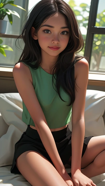 on the brown leather sofa, (sitting: 1.1), (SFW: 1.2), beautiful girl with indigenous Brazilian features, tanned skin, long black hair with fringes, triangular face, (wearing short black cotton skirt, green silk blouse with straps thin), white sports sneakers, very detailed, 20 years old, seductive smile, high resolution, masterpiece, best quality, intricate details, highly detailed, sharp focus, detailed skin, realistic skin texture, texture, detailed eyes, professional, 4k, shot on Canon, 85mm, shallow depth of field, color of vision kodak, perfect fit body, extremely detailed, photo_\(ultra\), photorealistic, realistic, post-processing, maximum detail, roughness, real life, ultra realistic, photorealism, photography, 8k uhd, photography,