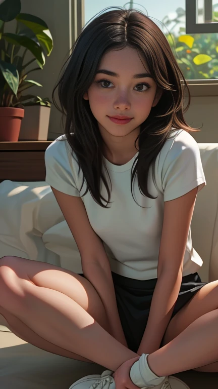 on the brown leather sofa, (sitting: 1.1), (SFW: 1.2), beautiful girl with indigenous Brazilian features, tanned skin, long black hair with fringes, triangular face, (wearing short black cotton skirt, green silk blouse with straps thin), white sports sneakers, very detailed, 20 years old, seductive smile, high resolution, masterpiece, best quality, intricate details, highly detailed, sharp focus, detailed skin, realistic skin texture, texture, detailed eyes, professional, 4k, shot on Canon, 85mm, shallow depth of field, color of vision kodak, perfect fit body, extremely detailed, photo_\(ultra\), photorealistic, realistic, post-processing, maximum detail, roughness, real life, ultra realistic, photorealism, photography, 8k uhd, photography,