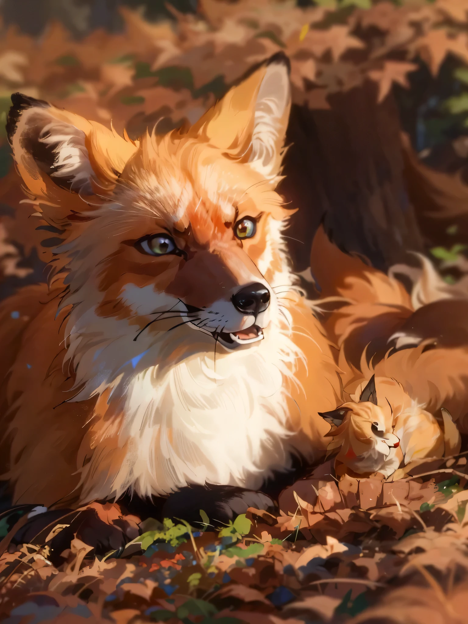 there is a fox that is laying down in the leaves, fox animal, cute fox, foxes, red fox, playing with foxes, tonic the fox, a beautiful fox lady, still from a nature documentary, the lovely hairy fox, still from nature documentary, miniature fox, playing with a fox, female fox, ethereal fox, nature documentry footageHD, (Best Detail), (Best Quality), Grimjo Jaegyaks, black boots, natural light, blue sky, angry eyes, smile, looking at the audience, full body,