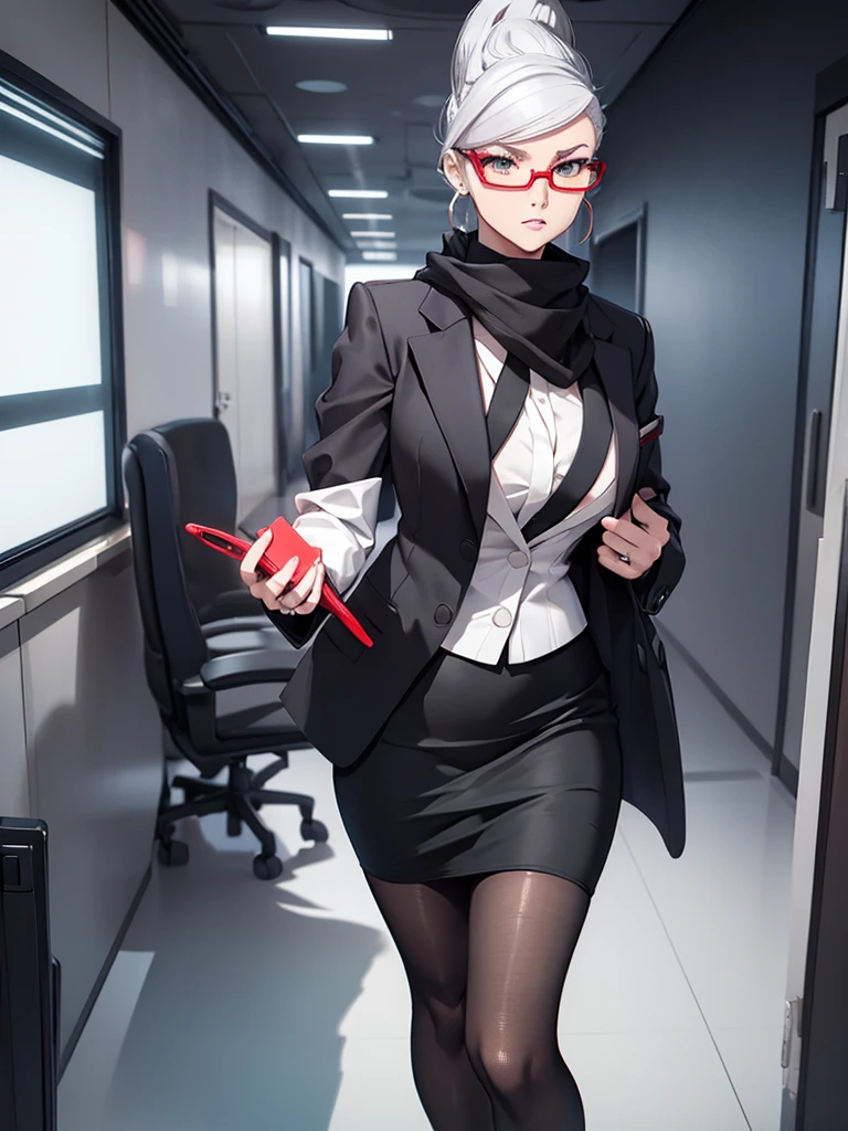 1woman, wearing sexy office suit, black tight skirt, at an office , white colour hair, red colour spectacls, 8k, high detailed, high quality, high accuracy, full body