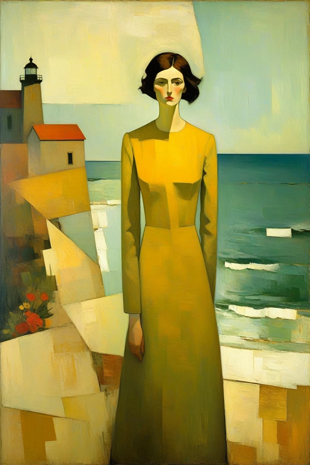 a detailed portrait of a woman, classical realism, oil painting, chiaroscuro lighting, dramatic moody lighting, muted color palette, somber colors, Euan Uglow style, Picasso cubist elements, Edvard Munch expressionist influence, abstract deconstructive style, Gerald Brom fantasy elements, a lighthouse by the sea, crashing waves, vibrant flowers, golden fields, detailed foliage, (best quality,4k,8k,highres,masterpiece:1.2),ultra-detailed,(realistic,photorealistic,photo-realistic:1.37)