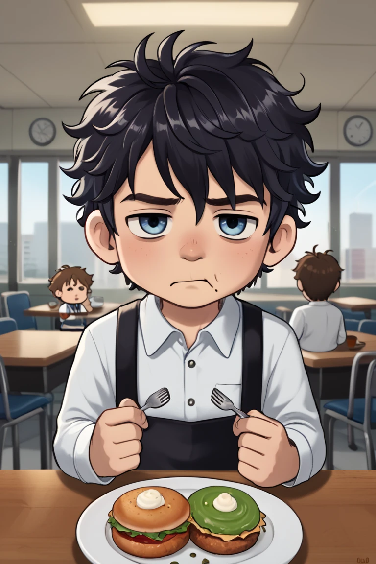 chibi , black messy hair, , eating lunch alone at a school cafeteria. He looks down at his plate, very sad. Multiple chibi s sitting in the background 