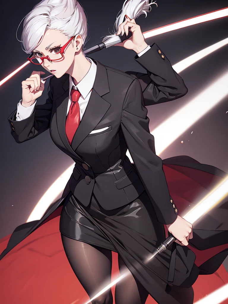 1woman, wearing a office suit, black tight skirt, at an office , white colour hair, red colour spectacles, 8k, high detailed, high quality, high accuracy, full body