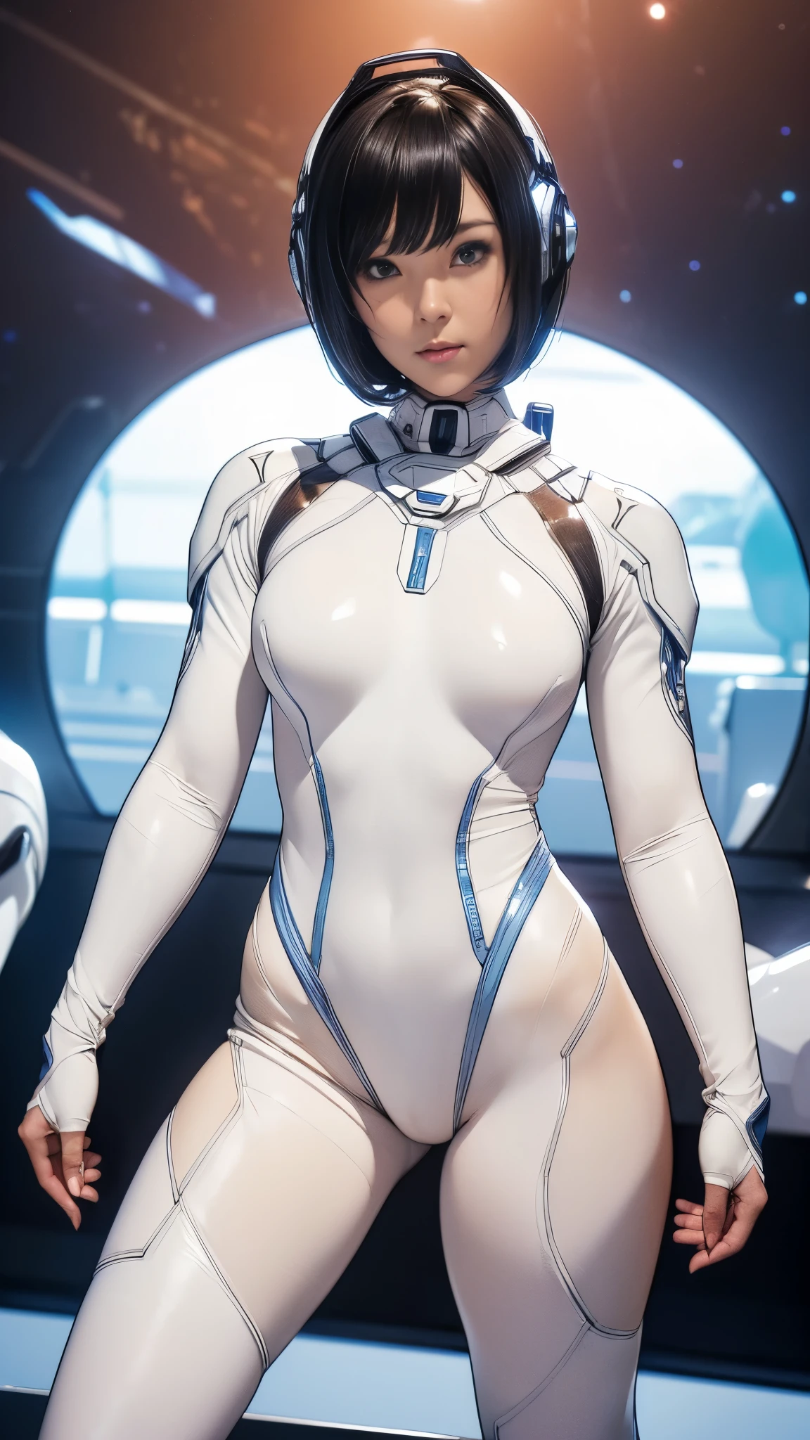 (masterpiece、highest quality、highest resolution、clear_image、Detailed details): (full body figure、 girl、Japanese face、small face、thin、navy blue super short bob cut hair、blue colored eyes、((navy long sleeve space suit、space helmet))、headset、cosmic handbag、cute type、gentle smile、soft expression、headset、(((knee high boots)))、gloves up to the elbow、eye level shot、face directly、woman on a spaceship), (((camel toe))), ((Pure white leotard))