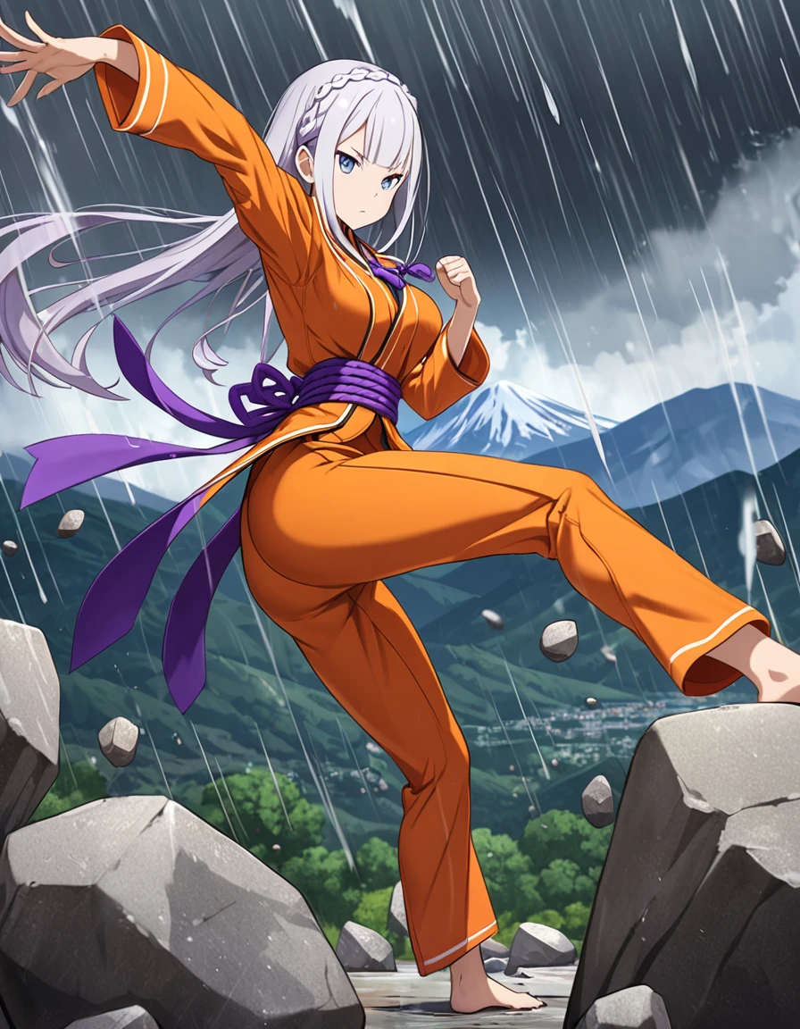 Emilia re zero full body,Girl,Blue eyes, Silver hair colour, Background Mountain Rain storm,epic pose Feet kicking stones,  Serious , perfect hand,Perfect anatomy , orange karate Suit with Purple rope tie in Waist