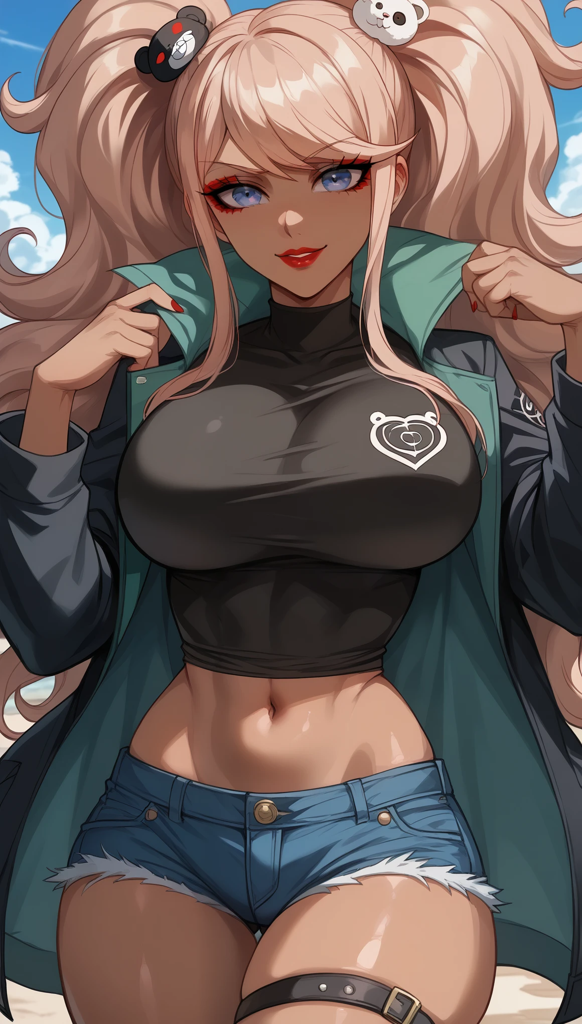  perfect eyes、 perfectly sexy face、Ultra Detailed、Junko Enoshima、 Danganronpa 、shiny hair、( Big breasts ), black shirt、black jacket、Tight Waist、thin waist、 dark blue denim shorts、 Thigh straps 、shiny skin、 tanned skin 、Beleza、erotic、Red Eyeliner、 red lips、wicked smile、 looking at the viewer、