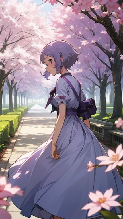  1 girl、18 years old、Skin Radiance、Yuitsuki Yukari、smile、、 profile、Beautiful purple eyes、 light purple hair、 short hair、She is wearing a dress based on white and blue.、Sakura Park、Baiyun