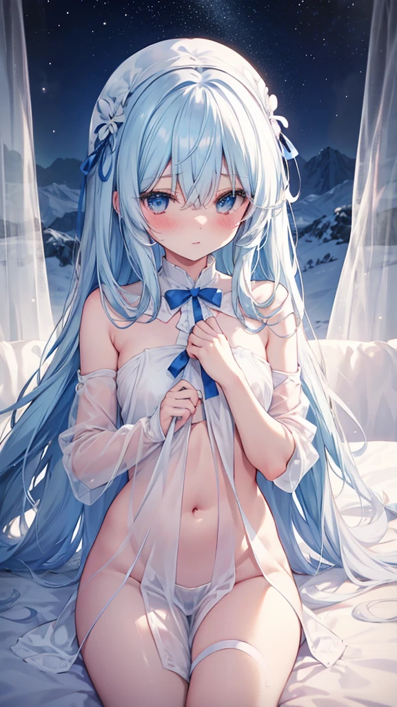 Girl、smile、Embarrassed、Bunny ears、Bunny tail、Light blue hair color、long hair、Young、Completely naked、Small breasts、Nipples、Pussy、armpit、Underarm、Snow Scene、White Stockings、boots
