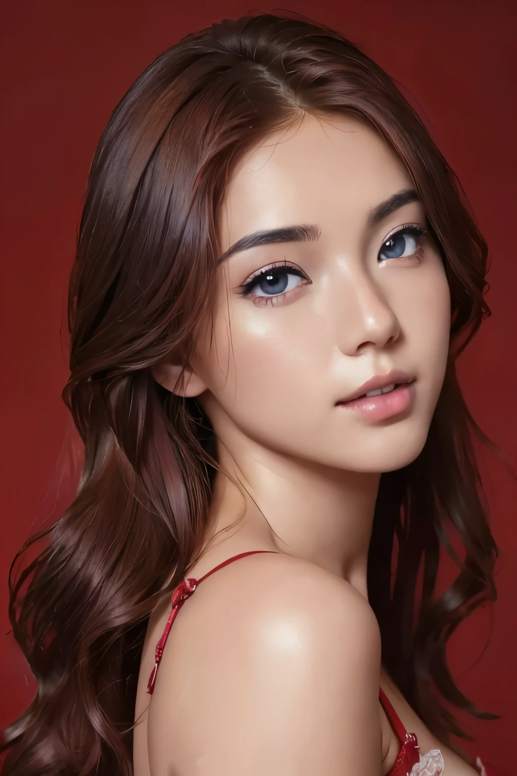 absurdres, 1girl, red bra, star eye, blush, (realistic:1.5), (photorealistic:1.4), (masterpiece, Extremely detailed CG unity 8k wallpaper, best quality, highres:1.2), (ultra_detailed, UHD:1.2), (pixiv:1.3), perfect illumination, distinct, (bishoujo:1.2), looking at viewer, unreal engine, sidelighting, perfect face, detailed face, beautiful eyes, pretty face, (bright skin:0.6), idol, ulzzang-6500-v1.1, soft smile, upper body, (dark red hair), (simple background), ((dark background)), (depth of field), close-up, selfie, slim face, (slightly turned around body:1.4) PureErosFace_V1, white tit, ((erotic pose)),