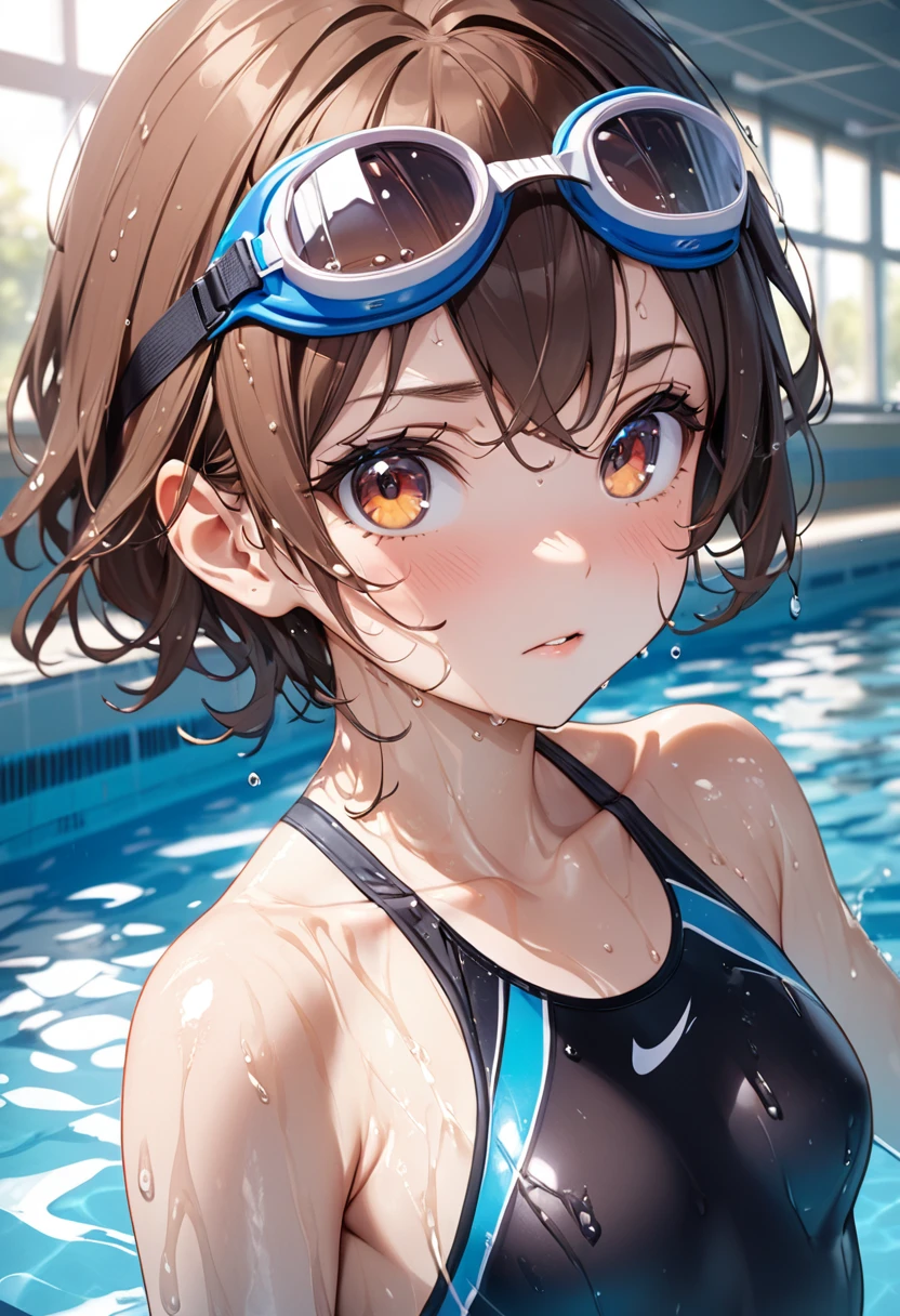 Ultra high resolution, rich colors, perfect image, top quality, detailed image, beautiful single woman,small breast, glowing skin, skin and clothing texture, delicate eyes, school pool, competitive swimsuit, swimming goggles, wet body, brown hair, browb eyes,snirking
