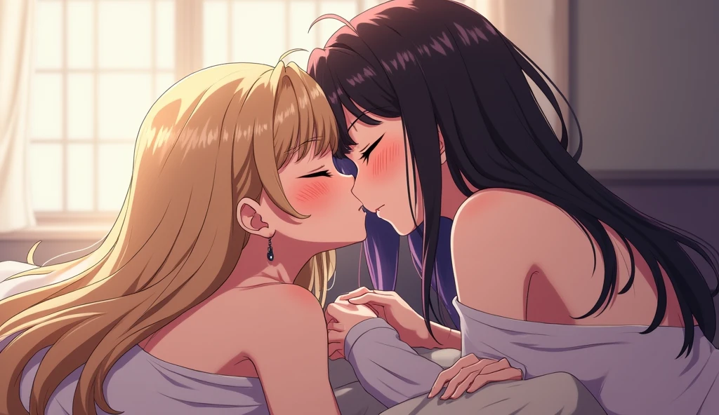 two girls in a bed, kissing, nsfw, masterpiece, illustration, high quality fanart, 2 d anime style, detailed fanart,