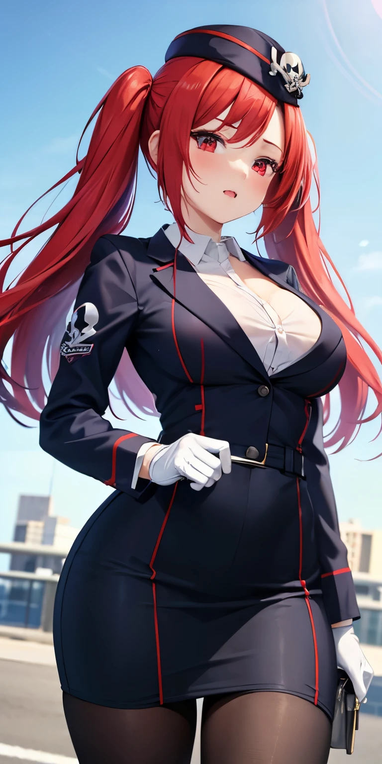 1 Female,High definition,high resolution,Ultra-realistic,8K, 1girl, solo, red hair, red eyes, twintails, employee uniform, pencil skirt, skull print, navy cap, fang, black legwear, white gloves, large breasts,European,sexy,Upper body close-up,Photographed from the front,Dynamic Angles,(blush), (medium tits) , multicolored hair 