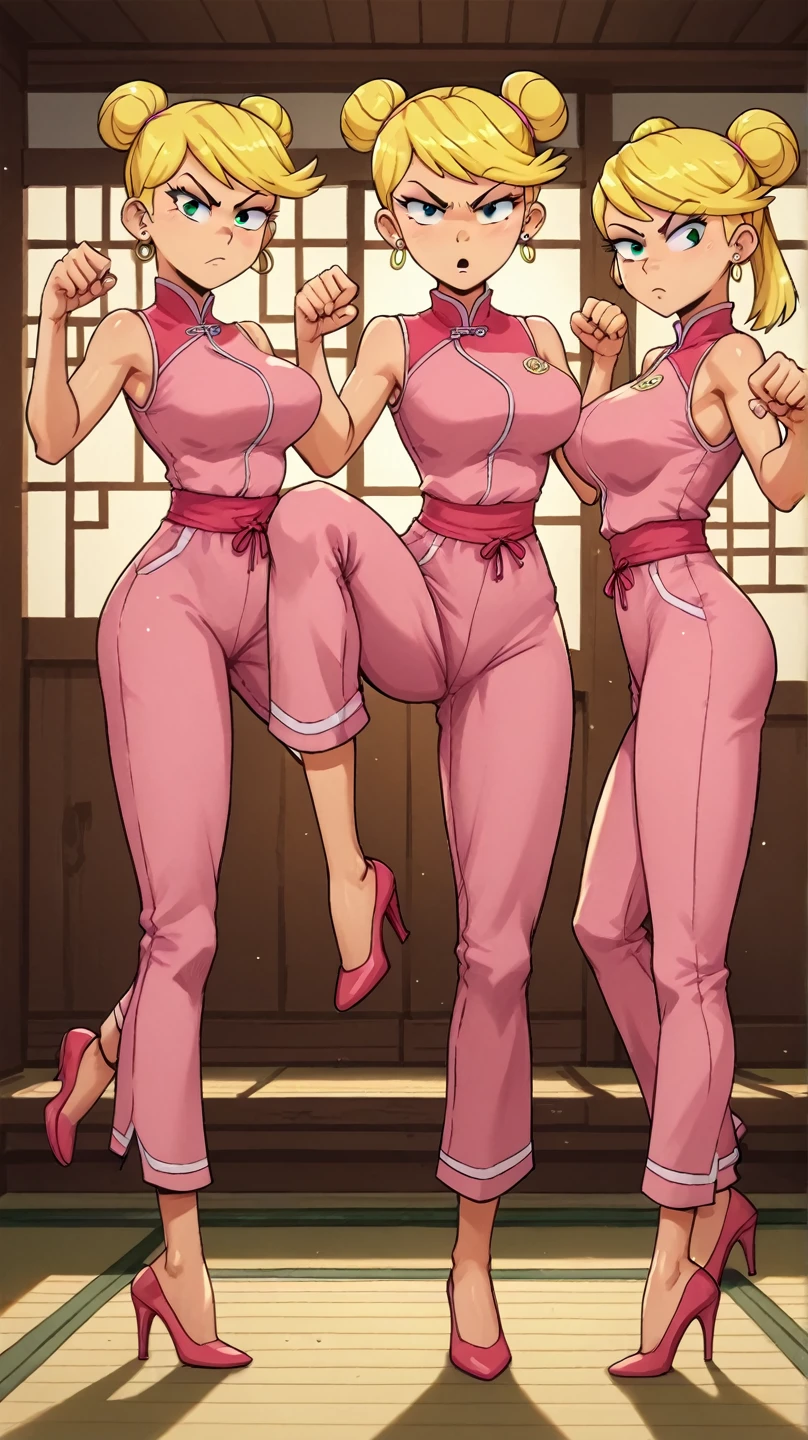 lola loud, 3girls, trio, 24yo girl, large breasts, pink cheongsam,  inside of a chinese temple, looking at viewer, blonde hair, two hair buns , hands  score_9, score_8_up, score_7_up, high heels, teep fighting stance,martial arts, long pants with window pants on the sides,  triplets