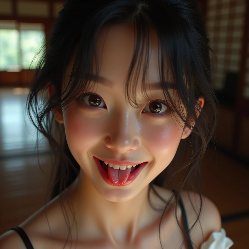 (((upper body shot))),((nude)),((nipples)),Ultra-high resolution,big eyes,grin,(open mouth with tongue),(tongue out),Japanese,bangs,(a girl),(1 girl),((18-year-old)),((cute)),pretty,eyes closed