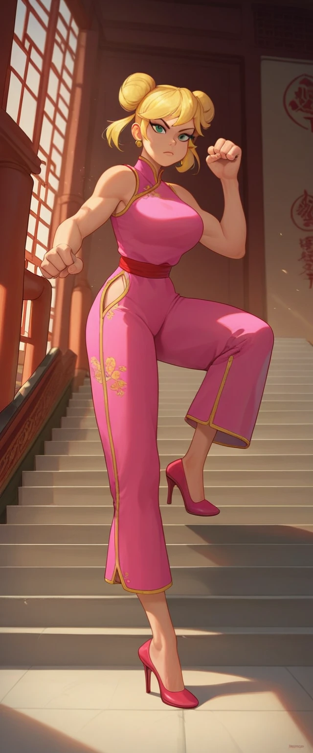 lola loud, 1girl, solo, 24yo girl, large breasts, pink cheongsam,  inside of a chinese temple, looking at viewer, blonde hair, two hair buns , hands  score_9, score_8_up, score_7_up, high heels, teep fighting stance,martial arts, stairs behind her, guarding the stairs