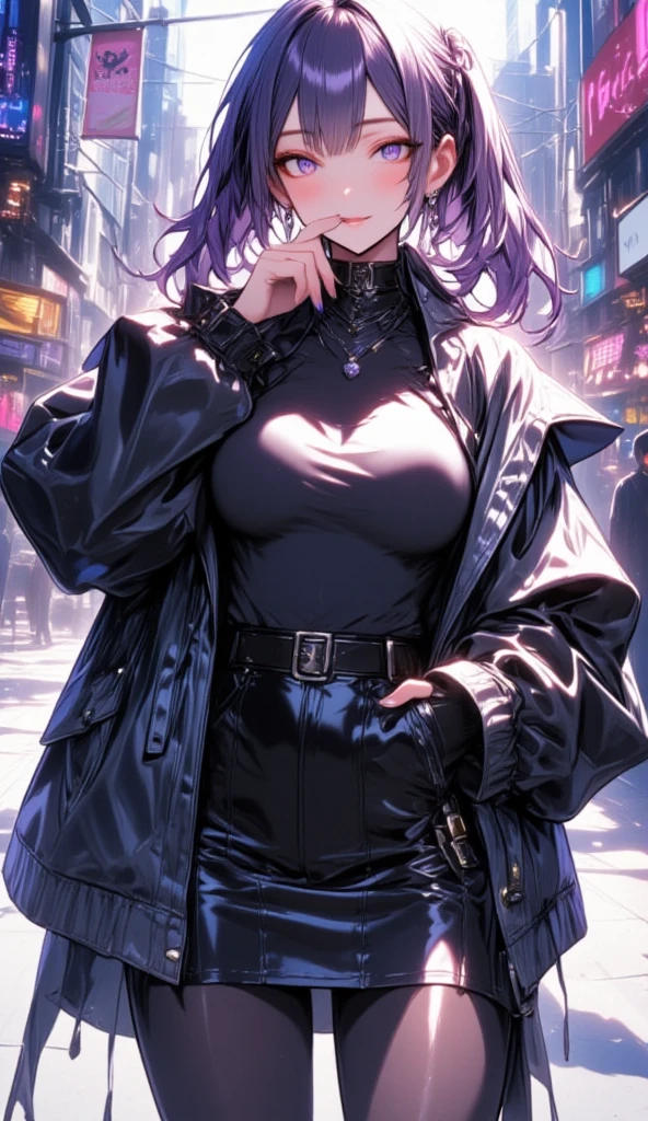 1girl,  <lora:sunnyrayyxo_SDXL_v1_Platypus:0.5>, sunnyrayyxo woman, <lora:kafuka2:0.5>, 1girl, solo,  shirt, pantyhose, eyewear on head, purple hair, jacket, sunglasses, purple eyes, white shirt,jacket on shoulders, breasts, black shorts, collared shirt, black jacket, necktie,  bangs, boots,, standing[::3], (8k, masterpiece, best quality, ultra-detailed),  (an extremely delicate and beautiful)kawaii, cute, very big eyes, Aesthetic Anime Eyes, small face,  large breasts, cinematic lighting, , Intricate, High Detail, Sharp focus, dramatic,   masterpiece, best quality, ultra-detailed,, very thin waist,  <lora:SDXL_MassiveCowsLoRA_v1:0.1> breasts, cleavage, slim body,
