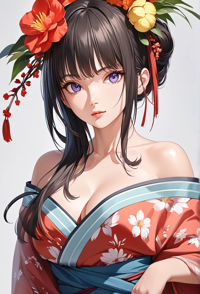 ((masterpiece、Highest quality、Very detailed、High resolution、Realistic、Sharp focus))、Mid Shot、Focus on the chest up、 One Girl、Oiran、Japan、short hair、((Beautiful dark eyes))、Black Hair、Blunt bangs、Updo、Chignon、hairpin、たくさんのhairpin、hair ornaments、Upper Body、kimono、kimono、Compensate、Japanese paper background、Detailed depiction of the hand、View your viewers