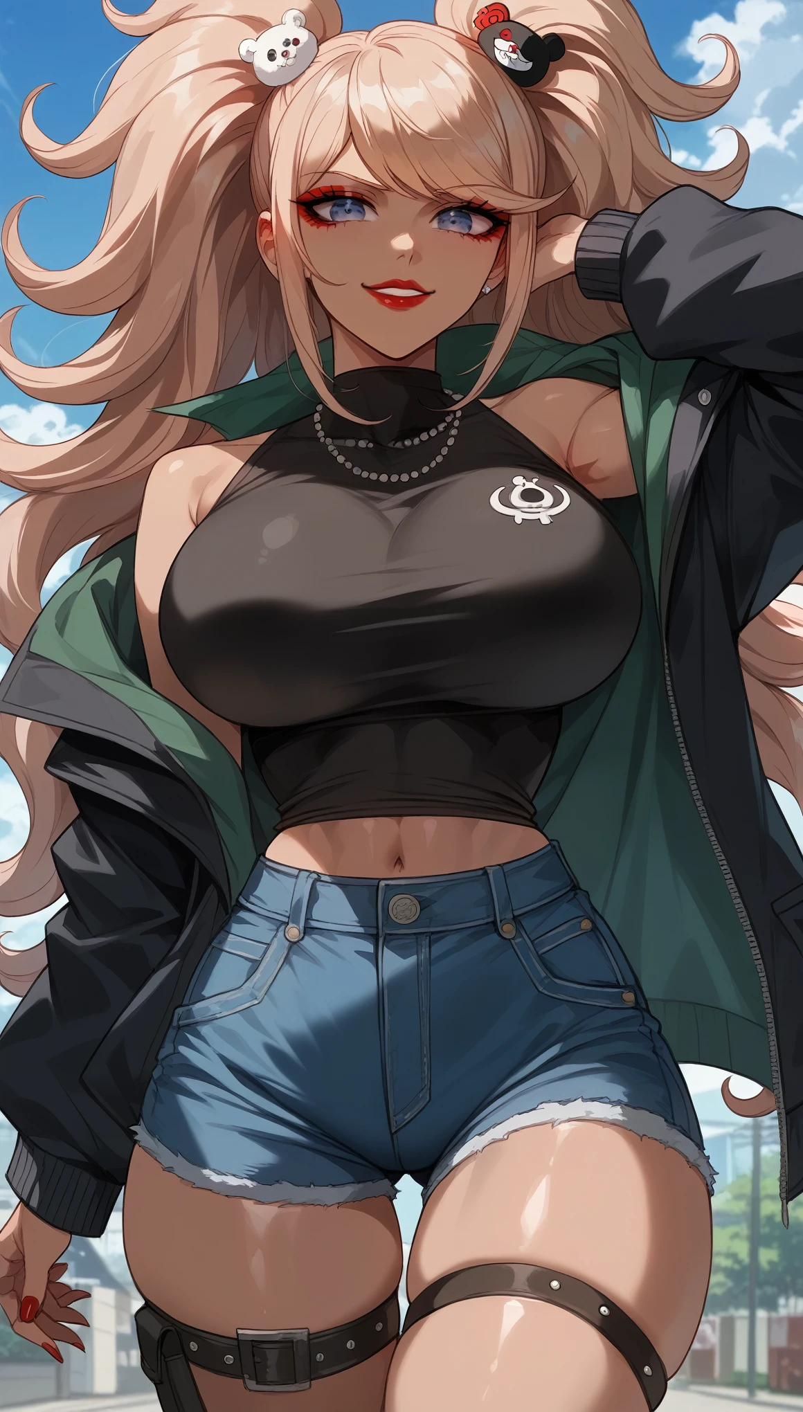  perfect eyes、 perfectly sexy face、Ultra Detailed、Junko Enoshima、 Danganronpa 、shiny hair、( Big breasts ), black shirt、black jacket、Tight Waist、thin waist、 dark blue denim shorts、 Thigh straps 、shiny skin、 tanned skin 、Beleza、erotic、Red Eyeliner、 red lips、wicked smile、 looking at the viewer、
