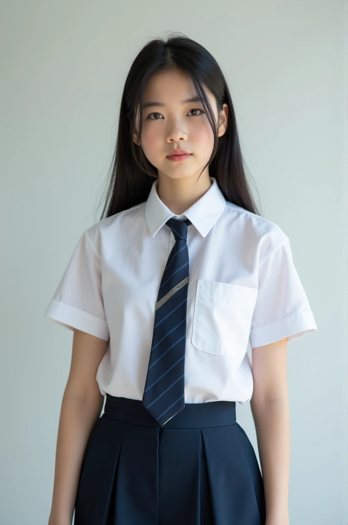 ((highest quality, 8K, masterpiece :1.3)), Photorealistic、Ultra-high resolution、Natural skin texture、Hyperrealism、Photograph from the knee up、12 year old beautiful Japanese girl、Large breasts、White collared shirt and tie、Checkered mini skirt、Serious expression、Angry