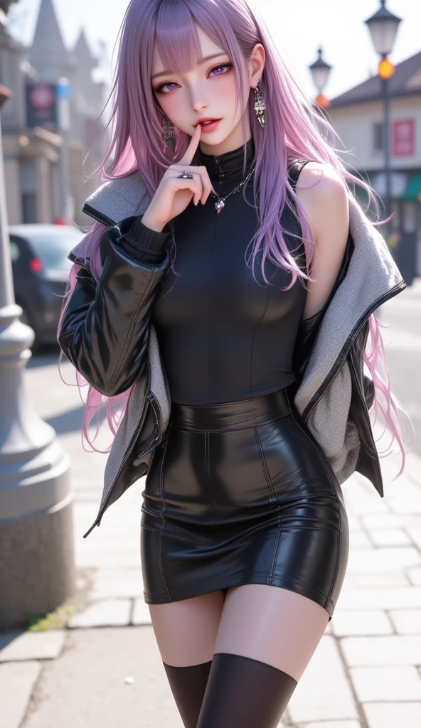  mature beautiful woman with ,(Best Quality, Extremely Detailed Description , Incredibly Absurd Hi-Res,High quality anime drawings:2.0),( Woman Standing on Boulevard ,winter coat , Tight Skirt ,Winter clothes, earrings for a woman alone, necklace , black tights, thigh high boots, high heels),(Purple Eyes, half-closed eye:2.0, big breasts at the temple,Glossy lips, Opening Her Mouth ,Flashy makeup, bewitching smile:2.0,Beautiful legs,Seductive gestures,Put your finger over your mouth,),Full body image:2.0, standing:2.0, Model Pose 