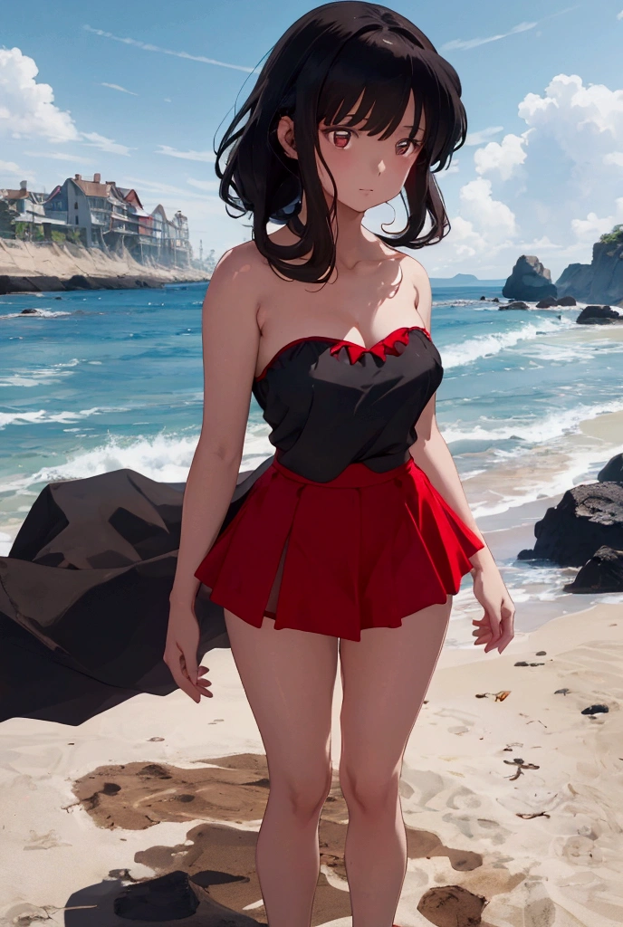 girl similar to gorillaz noodle, black short hair ((drawing)), ((anime girl nose)),"Create an image of a woman lying on a red beach towel, seen from above, sunbathing on the sand of a beach. Make sure the scene shows a bright, sunny day with a clear blue sky and the ocean visible in the background. The woman should look relaxed and content, with the red towel standing out against the golden sand. The overall atmosphere should be calm and summery."