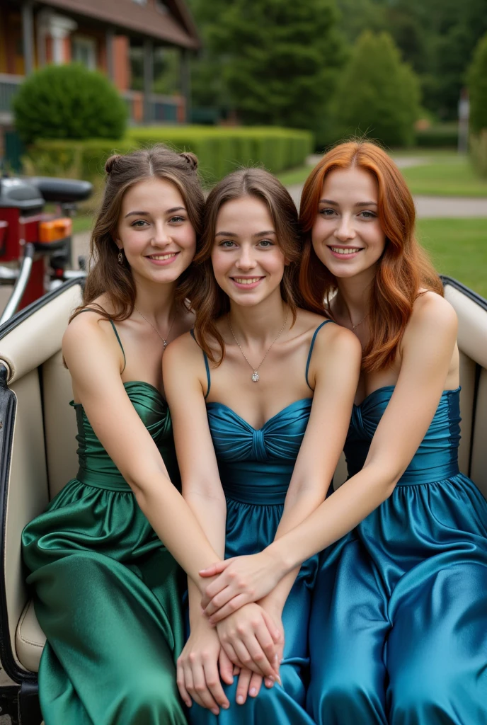 (2heads), one thick white girl, beauitiful green and orange eyes, chubby, light brown and gold hair, no cleavage showing, small breasts,shy smile, dimples, sitting next to viewer in a car, wearing a dark green jacket with a floral shirt underneath, and a silky long gloral green skirt