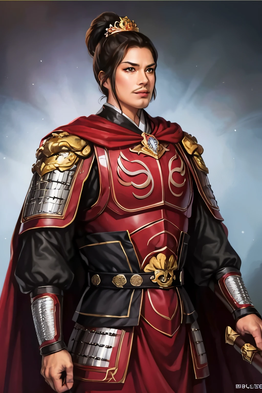 8K,man with sword,ornate armor(The elaborately crafted coat of arms of a nobleman),ultra high resolution,surreal,realistic skin,Black hair short hair,big black eyes,clear eye description, muscular body,waist armor,delicate hands, Perfect hand shape, character art, action pose,masterpiece,Realistic RAW photos of the highest quality,bright colors,rich colors, backlight, movie lights, film grain,50mm lens