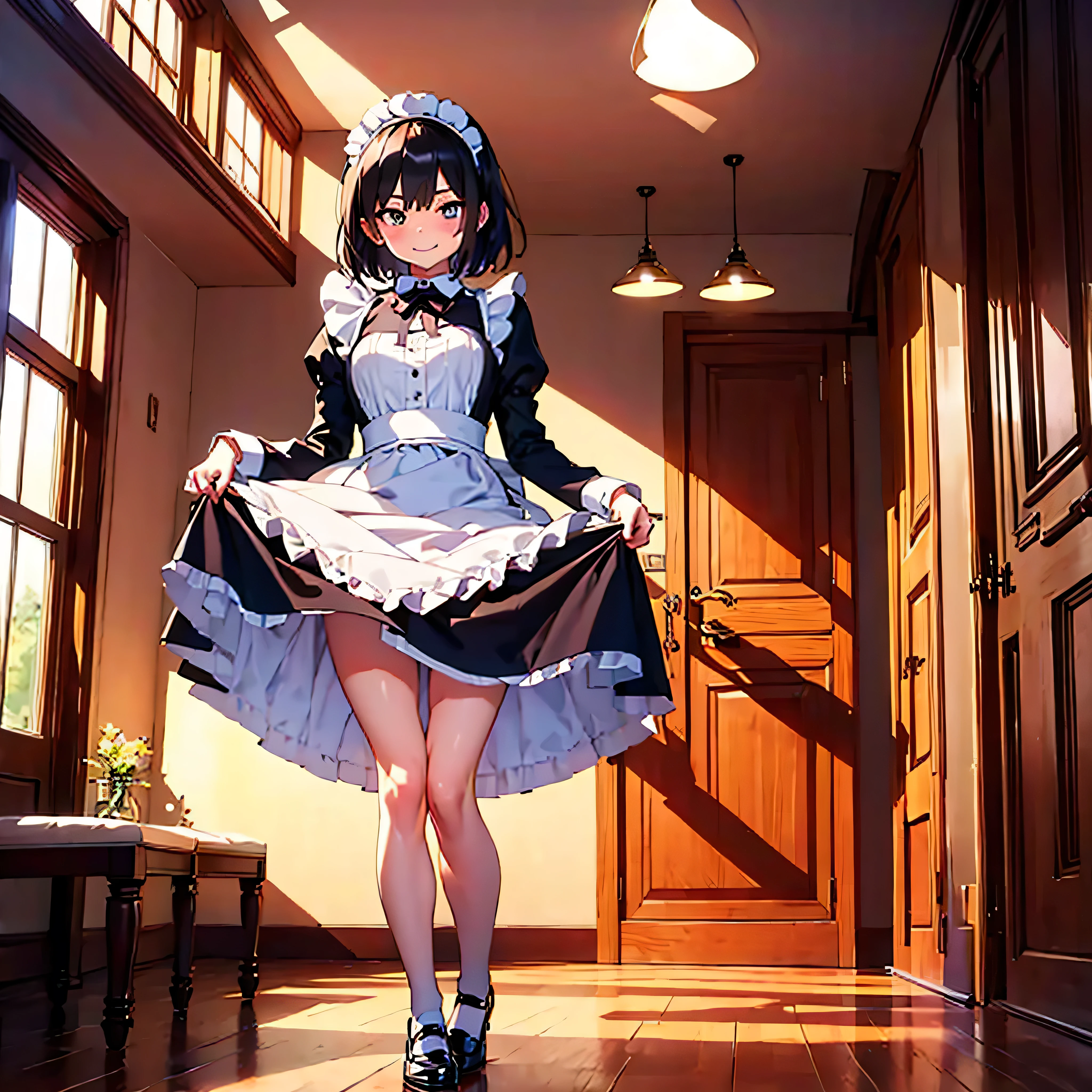 (solo), hallway in huge mansion, 1 little maid standing, (curtsey:1.3), (both hands lifting short skirt upward), BREAK, (very short maid dress:1.3), (too short skirt:1.5), thigh gap, BREAK, very short torso, narrow skinny waist, long skinny legs, large breasts, BREAK, nose blush, smile for viewer, (show off white panty)