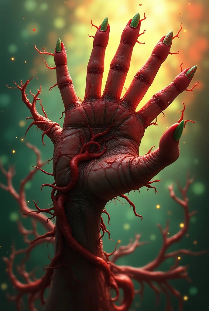 Scarlet blood claws in a hand covered in live flesh and muscles, anime style