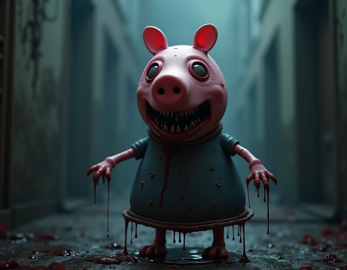 Peppa pig in the shape of Jason from Friday the 13th, macabre, blonde, realistic and with braces, más macabre