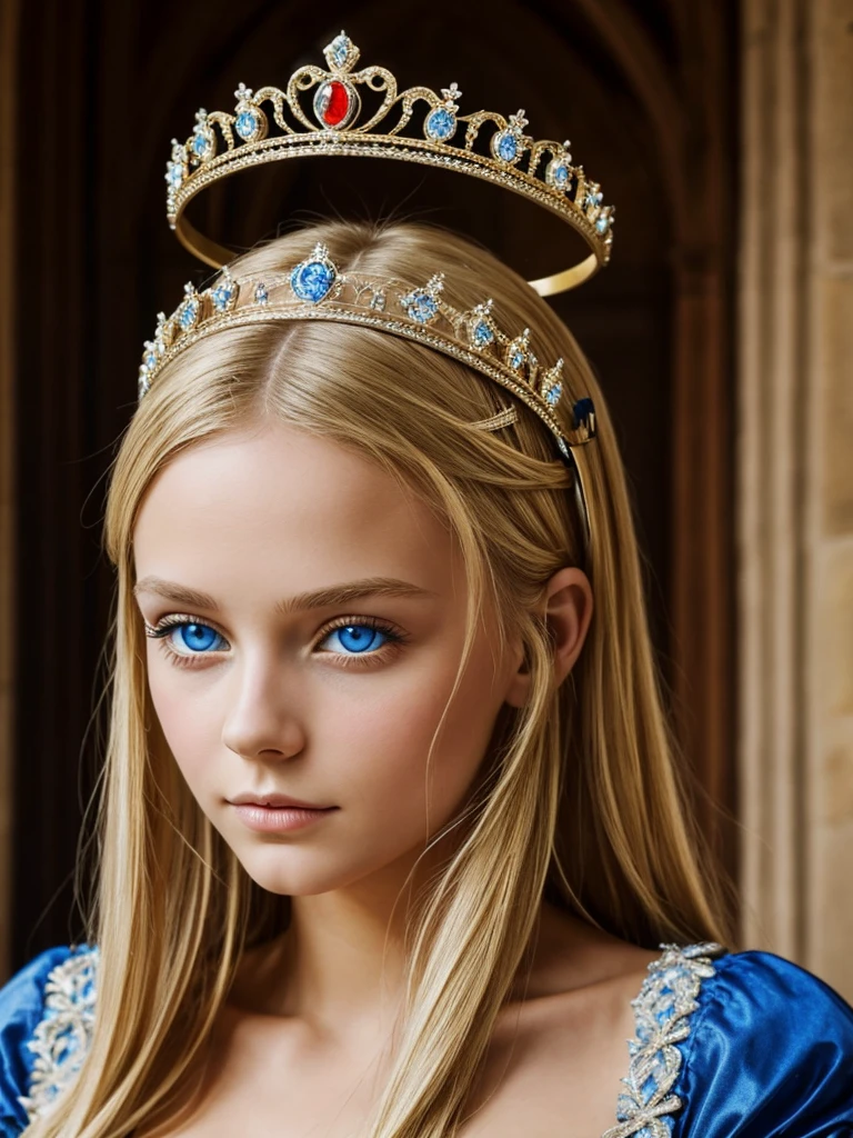  Medieval Europe, 1 girl, French, Best Quality, Blonde,  blue eyes,  tiara , city