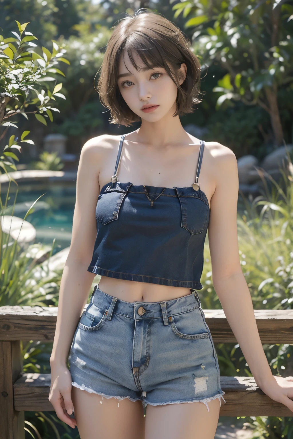 ((( girl))),  Camisole Dress ,Short Hairstyles,cute, Height: approx. 140cm, jeans, Shorts bulging in the shape of a penis, Flat chest like, Slender body, eyeball,  surrealism , Blurred,  Movie Lighting, Bokeh,  Very Detailed,  Anatomically Correct , Accurate, Awards, 16k 、Short torso、 Anatomically Correct 体のバランス 、Latest fashion 、Female junior high school student , Tops,　garden　、,Knee-high、 high socks、 short hair、 boyish,Blonde, (Best Quality,4K,8k, high resolution on down,masterpiece:1.2), Super detailed, (Realistic,photoRealistic,photo-Realistic:1.37),