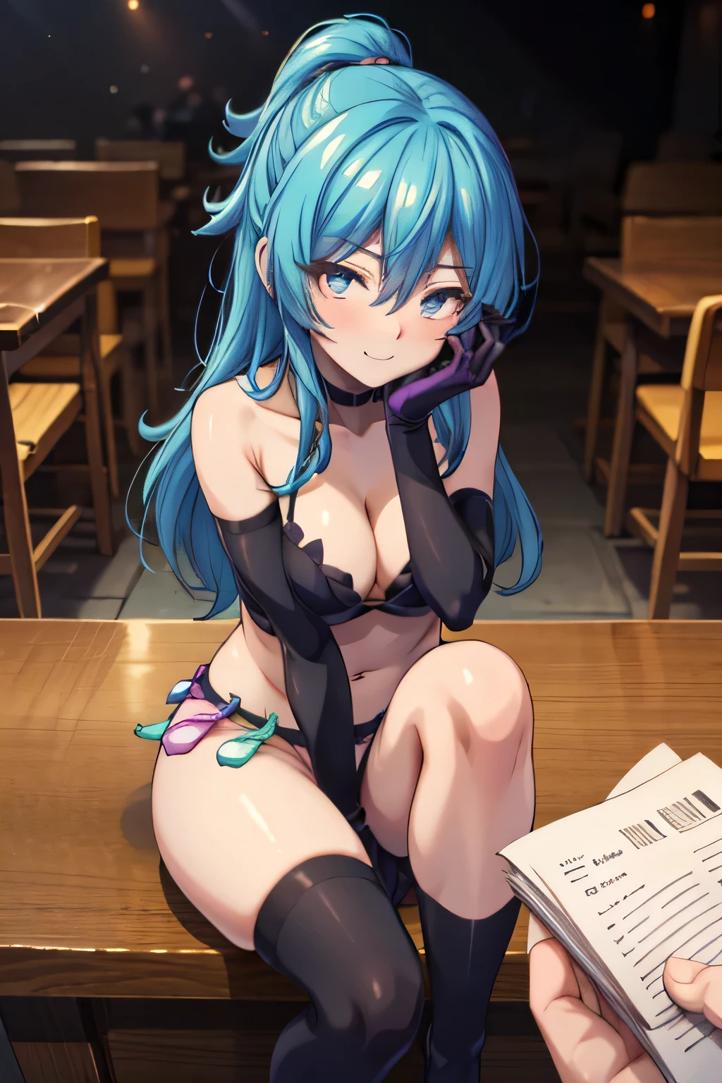 nai3 style, blurry background, 1girl, solo, off-shoulder, gloves, long hair, hair between eyes, jitome, looking at viewer, seductive smile, head rest, desk, bestquality, Score_9, Score_8_up, Score_7_up, Score_6_up, Score_5_up, Score_4_up, sauce_anime, tag1, Tag 2, 最high quality, detailed, High resolution, 超High resolution, Soft Saturation, Professional Quality, Perfect contrast, Perfect lighting, Perfect Face, Perfect Face, perfect hair, Perfect Eyes, Perfect body, Perfect breasts, Perfect Arms, Perfect Skin, Beautiful Skin, Sensual woman, Shybreak POV, Above-the-knee stockings, Elbow-length satin gloves, close-up, masterpiece, high quality, 8k, Anatomically correct,condom belt