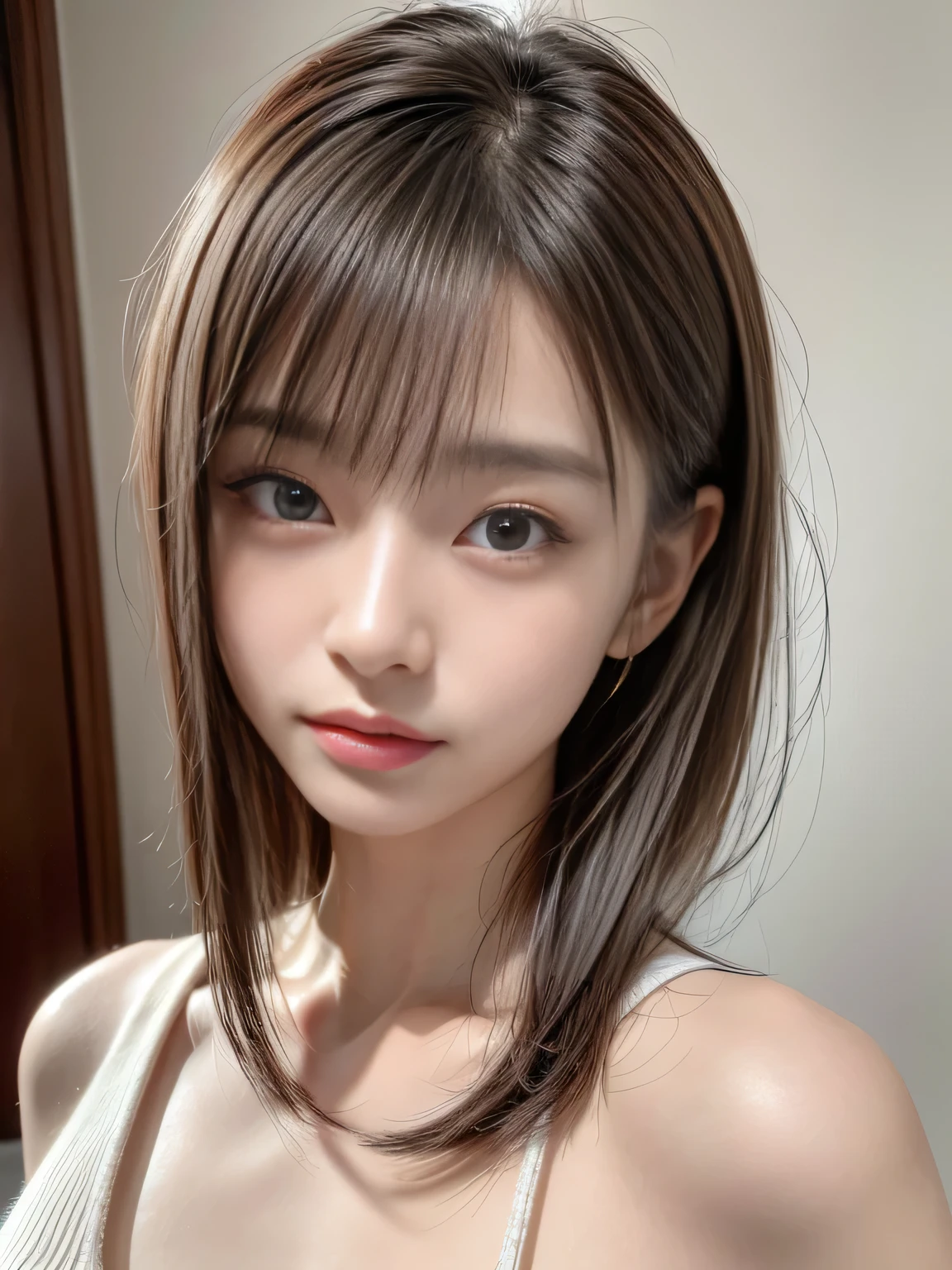 masterpiece, best quality, ultra high res, ultra detailed, sharp focus, 8k, Beautiful and fine details, realistic, a stunning pretty and beautiful Japanese idol, 19yo, (detailed beautiful face), High resolution details of human skin texture, knit, Black Sweater, slender, Cute, face focus, short hair, silver color streaked hair, highlights hair, looking at viewer,