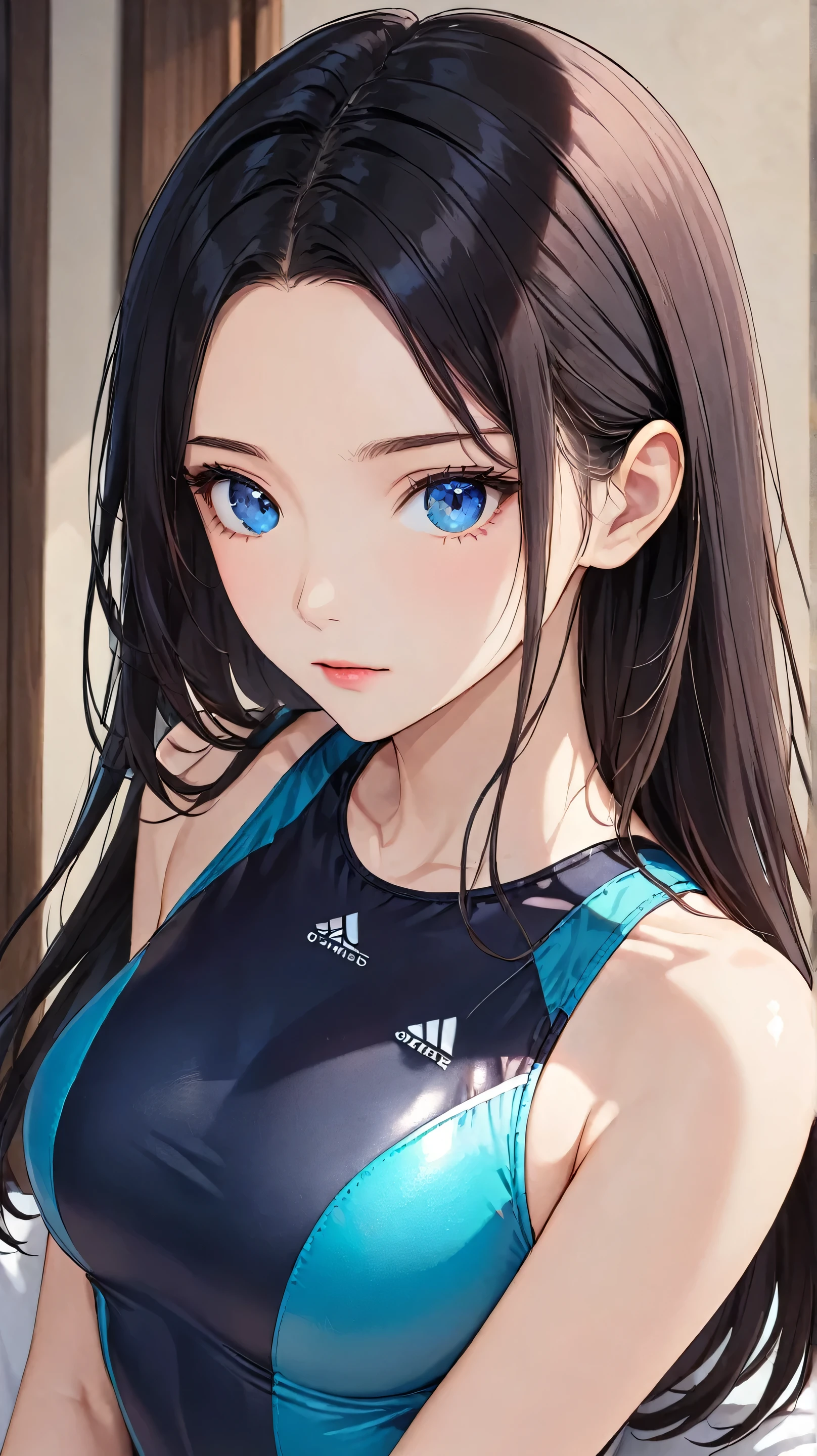 (high quality, masterpiece, crisp details), (tall, mature slim body:1.3), (cute baby face:1.3), clear skin, delicate features, vibrant colors, (beautiful eyes:1.5), plain background, (black long straight hair), parted bangs, shiny hair, (symmetrical face:1.3), animation style, slender body, medium breasts, bust-up shot, face shot, looking at viewer, indoors, sitting, cross-legged, ((dark blue competition swimsuit:1.3)), (beautiful detailed face:1.3), (symmetrical face:1.3), (blue eyes:1.2), (face shot:1.3), (front side:1.3), (extreme close-up:1.3), (focus on face:1.3), (bust-up shot:1.3), (tighter framing:1.3), looking at viewer, (animation style:1.3), (beautiful eyes:1.5), (black long straight perm hear:1.7), BREAK (forehead:1.3), (low hair volume:1.7), (Parted Bangs:1.3), shiny hair, BREAK (beautiful detailed face:1.7), (symmetrical face:1.3), (heterochromia, blue eyes, green, eyes:1.2),