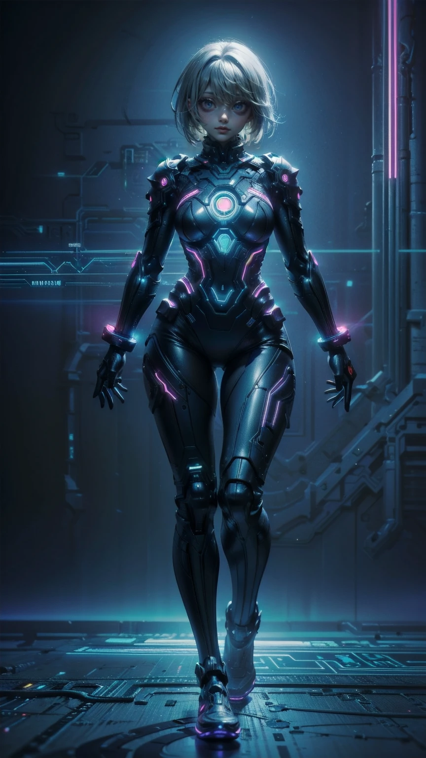 、 The whole body is visible、Full Body View、Head to toe diagram、beautiful, Shining Futuristic Woman , Complex Circuits, Neon-like colors,    Cyberpunk Style  , advanced technology,    Digital Art , Advanced Details, Realistic,  Of dramatic lighting,    dynamic pose  , Mysterious, Mysterious,  charming
