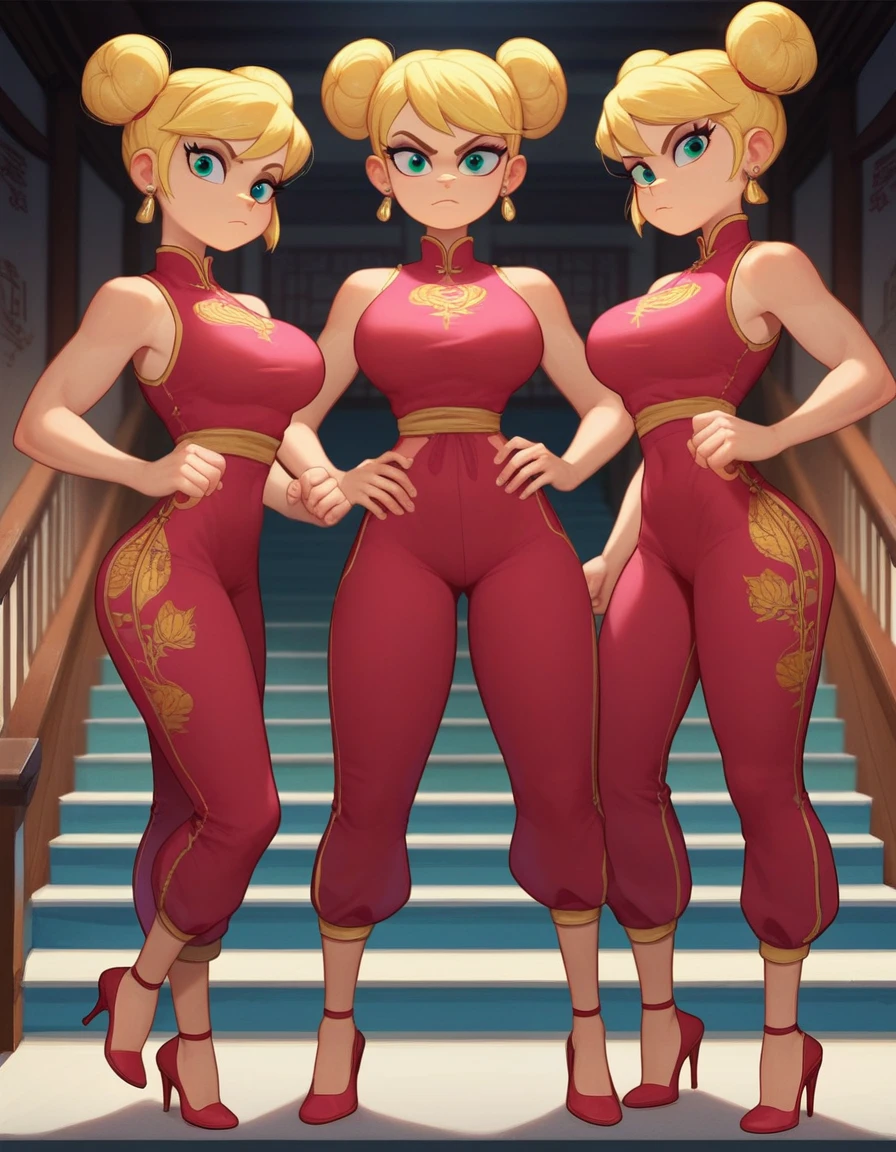 lola loud, 3girl, trio, 24yo girl, large breasts, pink cheongsam with long pants that has window pants on each side of the pants and a boob window in the middle of their chests,  inside of a chinese temple, looking at viewer, blonde hair, two hair buns , hands  score_9, score_8_up, score_7_up, high heels, teep fighting stance,martial arts, stairs behind her, guarding the stairs, triplets