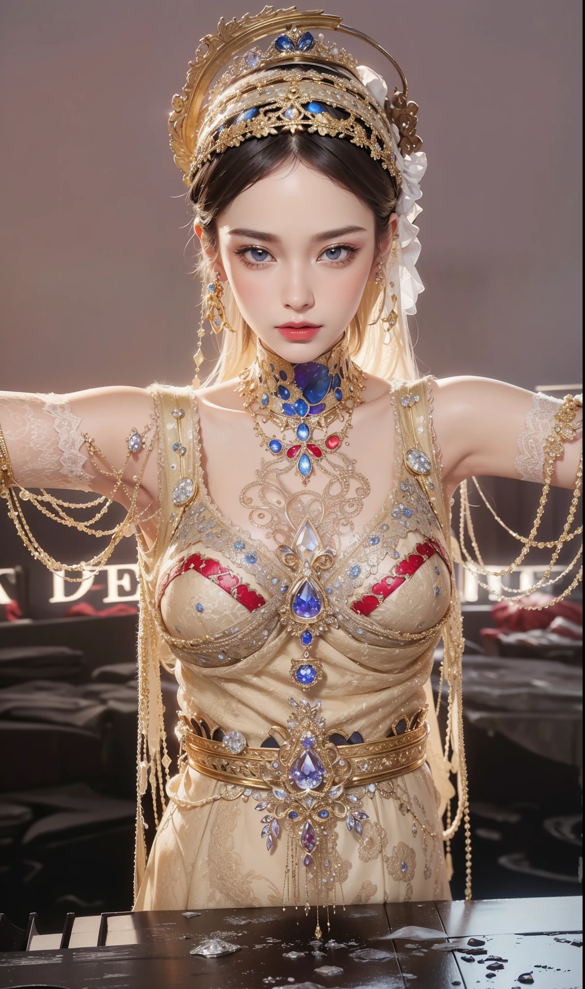 (Canon RF85mm f/1.2), (8k, RAW photos, best quality, masterpiece), (realistic, photograph realistic), masterpiece, best quality, High detail, Best image quality, super detailed, high resolution, Very detailed, Best quality, Extreme detail description, hyperdetailed painting, (An extremely delicate and beautiful work), ((standing)), Beautiful detailed girl, Very detailed eyes and face, (Beautiful detailed eyes, masterpiece, fair skin, hazy beauty, very detailed facial, detailed skin structure, perfect anatomy, ((perfect figure)), Beautiful detailed whole body, delicate face, exquisite body, fine collar bone, lovely lips, Behind the softness, adorable, ((slim waist)), (big breasts, Bulging breasts, crisp breasts), ((cleavage)), (smile:1.2), (seductive look, soulful eyes, clear eyes), (bangs hair), ((Enchanted expression)), (charming appearance), ((An extremely detailed and elegant colorful British royal dress:1.3)), ((white soft coat)), (head gear, necklace, earrings), ((view over city)), ((midnight:1.2)), physically-based rendering, (((full body:1.3))), ((looking at viewer:1.3)), ((standing))